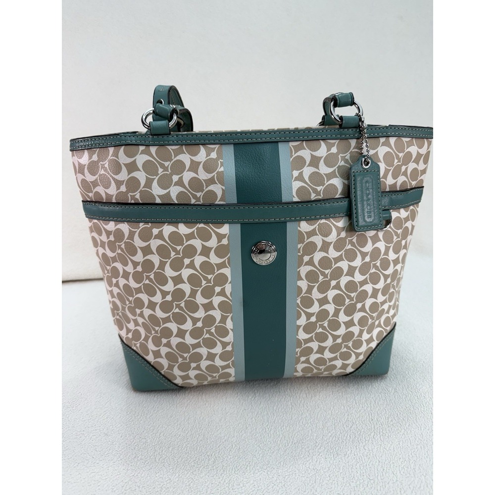 Coach Womens Chelsea Heritage Signature Tote Bag Beige & Green F15137